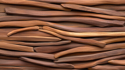 Poster - Natural wooden sticks arranged in textured pattern, showcasing various shades of brown and smooth surfaces, creating organic feel