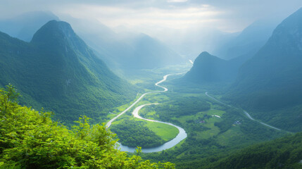 Poster - Breathtaking mountain landscape with winding river and lush greenery