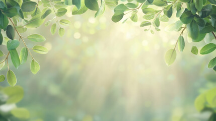 Wall Mural - Lush green leaves frame serene background with soft light rays. Nature tranquility shines through