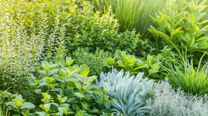 Wall Mural - Lush green garden with various plants, herbs, and foliage creating vibrant atmosphere