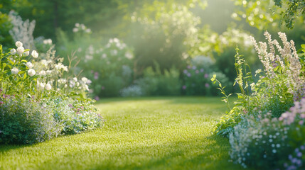 Poster - serene garden pathway surrounded by vibrant flowers and lush greenery, inviting tranquility and peace