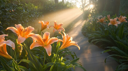 Poster - serene garden path lined with orange lilies, illuminated by soft sunlight