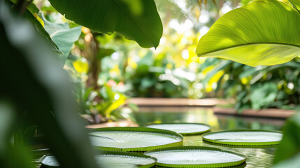 Poster - Lush tropical garden with large lily pads floating on water, surrounded by greenery