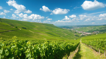 Wall Mural - Lush green vineyards stretch across rolling hills under bright blue sky