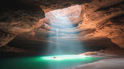 Poster - serene cave with turquoise pool and cascading waterfall, illuminated by sunlight