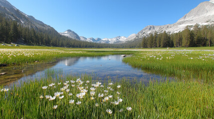 Poster - serene landscape featuring tranquil lake surrounded by lush green grass and blooming white flowers, with majestic mountains in background