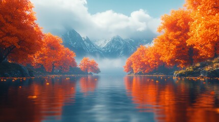 Wall Mural - Vibrant autumn trees line a serene lake reflecting snowy mountains.