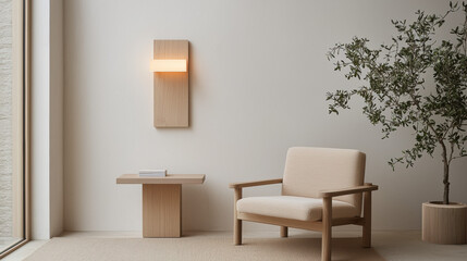 Poster - Minimalist living room with wooden furniture, soft lighting, and greenery