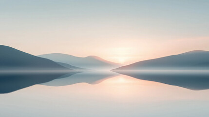 Poster - serene landscape featuring soft hills reflected in calm water at sunrise. pastel colors create tranquil atmosphere