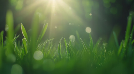 Poster - Lush green grass illuminated by sunlight, creating serene atmosphere