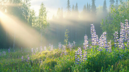 Poster - serene landscape featuring purple flowers in misty forest with sunlight filtering through trees, creating tranquil atmosphere