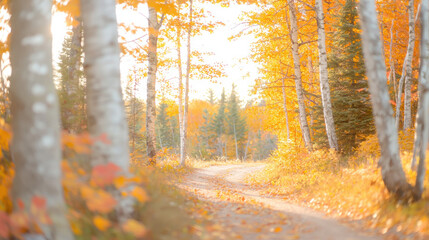 Aufkleber - serene autumn pathway surrounded by vibrant orange foliage and trees