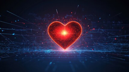 Aufkleber - Glowing red heart with dynamic cardiogram illustrating love and vitality in a digital landscape. Generative AI