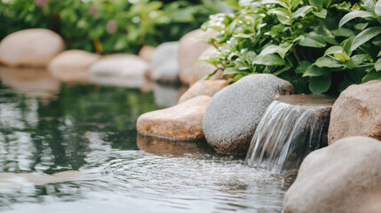 Poster - serene water feature with smooth stones and lush greenery creates tranquil atmosphere