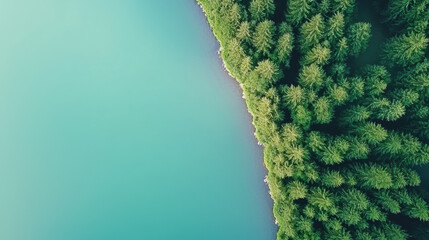 Poster - Lush green forest meets tranquil blue water in serene landscape