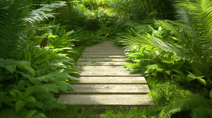 Poster - Lush green pathway through tropical foliage, inviting nature walk experience