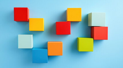 Aufkleber - Colorful geometric blocks arranged on blue background create playful atmosphere