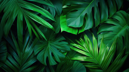Poster - Lush green tropical leaves create vibrant, natural backdrop, perfect for design
