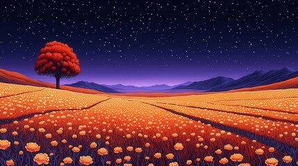 Poster - Stunning Starry Night Over Vibrant Orange Meadow with Lone Red Tree and Majestic Mountains in the Distance - Serene Dreamlike Landscape Photography