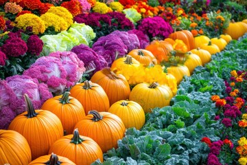 Poster - Lush vegetable garden features vibrant rows of carrots, cabbages, and pumpkins during a sunny afternoon in early autumn. Generative AI