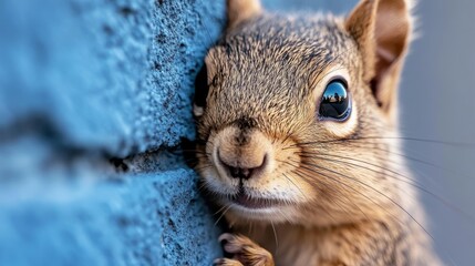 Poster - Close-up of an adorable squirrel peeking from behind a blue wall.  Its curious gaze and soft fur are captivating.