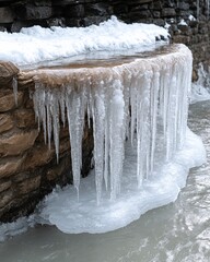 Canvas Print - Stunning Natural Ice Formation Cascading Over Stone Wall in Winter Wonderland: Captivating Icicles Create Enchanting Frozen Scenery by Snow-Covered Stream