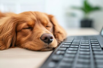 Poster - Sweet dreams! This adorable golden cocker spaniel puppy is taking a nap on a keyboard.