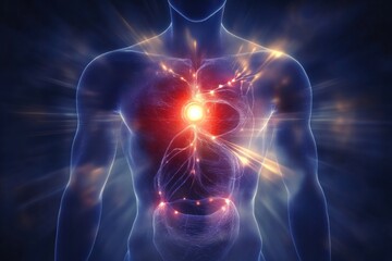 Poster - Glowing human torso revealing energy patterns with a vibrant red focal point in the stomach region. Generative AI