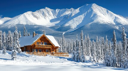 Poster - Wooden chalet in snow-covered mountains.