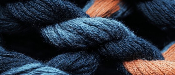 Poster - Twisted strands of blue and orange rope capture intricate details of texture and color in natural light
