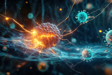 Aufkleber - Magnified human cell under attack from a virus in a dramatic cellular interaction scene. Generative AI