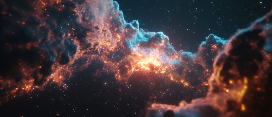 Poster - Colorful nebula in deep space surrounded by stars illuminating distant cosmic clouds at night