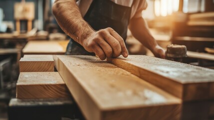 Wall Mural - man owner a small furniture business is preparing wood for production. carpenter male is adjust wood to the desired size. architect, designer, Built-in, professional wood, craftsman, workshop.