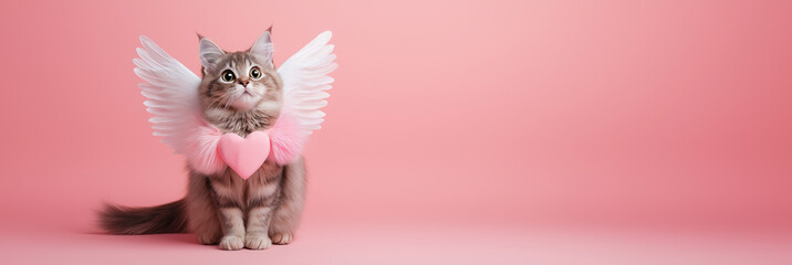 A cat in an angel costume and with a heart sitting on a pink background