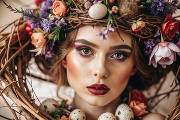 A creative banner for a beauty salon. Professional makeup artist, stylist and hairdresser. A spring woman with evening makeup, flowers, birds and a nest on her head. The beauty industry.