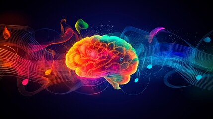 Wall Mural - abstract music concept illustration of a human brain with colorful music waves