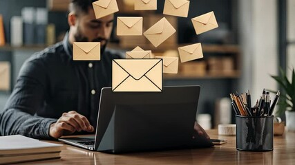 Poster - Man at desk using laptop while envelopes hover above him in a sleek, contemporary office environment