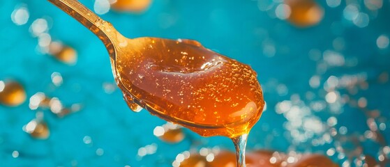 Poster - Golden liquid honey drips from a metallic spoon against a vibrant blue background, highlighting its texture and color
