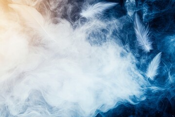 Poster - Ethereal white feathers float in a dreamy blue and white smoke, creating a serene and magical atmosphere.