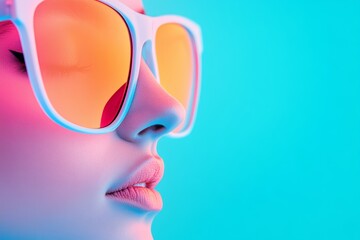 Canvas Print - Close-up profile of a young woman's face, eyes closed, wearing large, orange-tinted sunglasses against a vibrant turquoise backdrop.  Summer vibes!