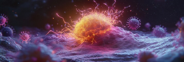 Aufkleber - Magnified view of human cell under attack by multiple viruses showcasing immune response and cellular interaction. Generative AI