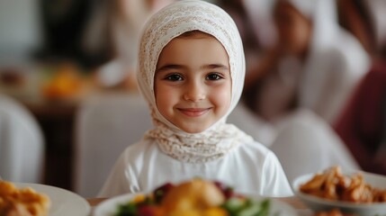 young girl wearing a white headscarf smiles gently