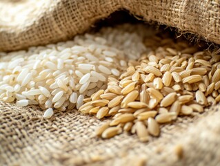 Canvas Print - Close-up of rice grains in a burlap sack. Featuring a mix of white and brown rice. Highlighting natural texture and organic farming. Ideal for agricultural and natural food content.