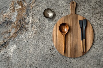 Wooden board with spoon spatulas and bowl on granite