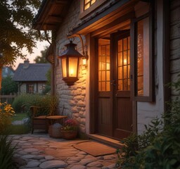 Wall Mural - A lantern casting a warm glow on a cozy cottage, ambiance, radiance, interior