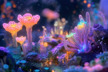 Poster - Exploring a magical microscopic ecosystem filled with friendly microbes and vibrant flora. Generative AI