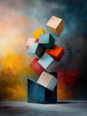 Poster - Vibrant cubes and polygons exploding dynamic art installation abstract studio dramatic lighting creative concept