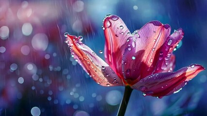 Poster - Vibrant Pink Flower Blooming in Rain Close Up of Natures Beauty with Water Droplets, Creating Serene Garden Atmosphere and Evoking Freshness and Tranquility.