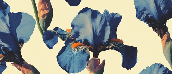 Poster - Bright blue iris flowers arranged beautifully against a pale background, showcasing nature's elegance and vibrant colors during springtime