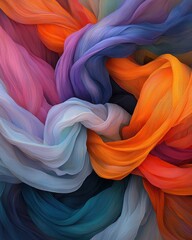 Poster - Flowing intertwined strands of vibrant color glowing in abstract textile art studio setting high-angle perspective